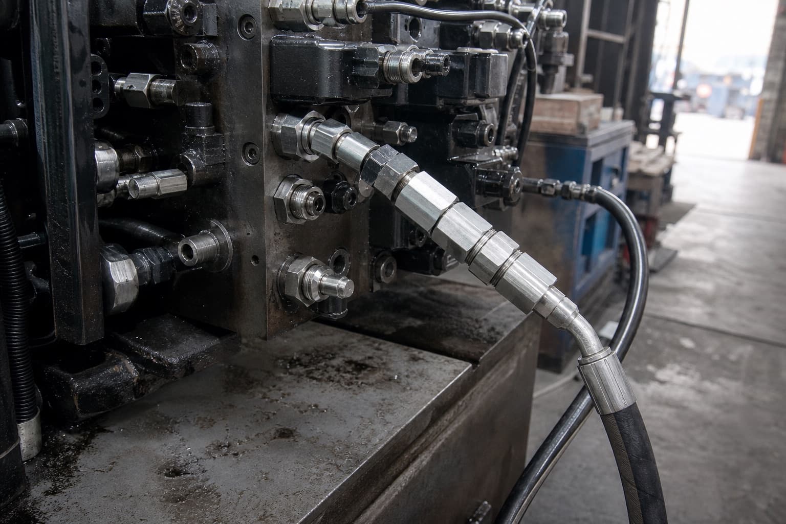 Three steel adapters threaded end to end out of one port on a hydraulic valve block, a hose hanging from the last at an angle