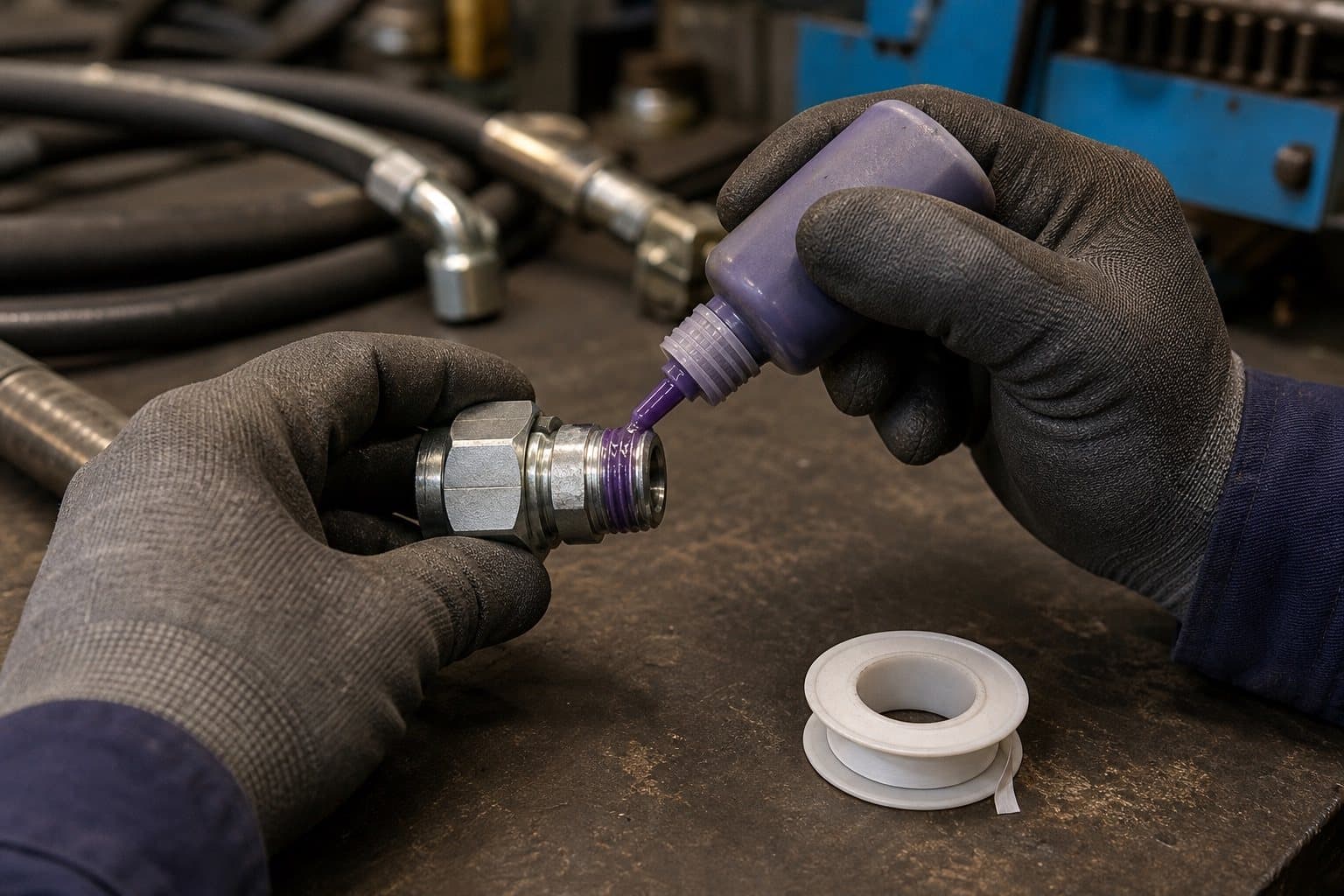 Gloved hands applying anaerobic thread sealant to the tapered male thread of a steel hydraulic fitting, a roll of PTFE tape set aside