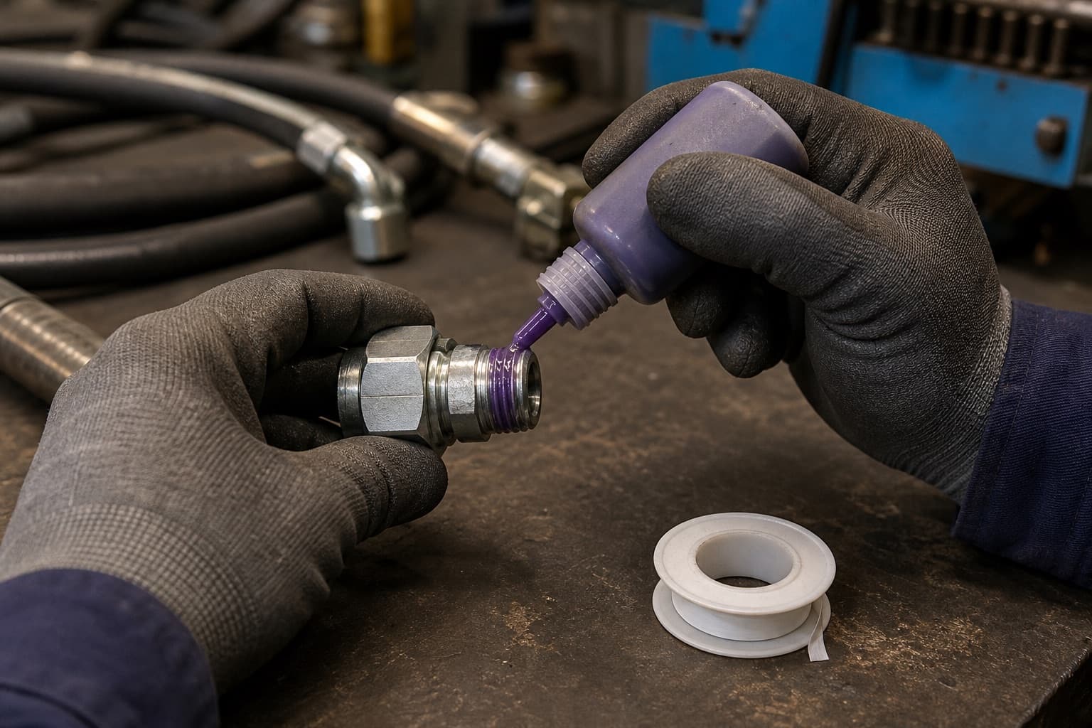 Gloved hands applying anaerobic thread sealant to the tapered male thread of a steel hydraulic fitting, a roll of PTFE tape set aside