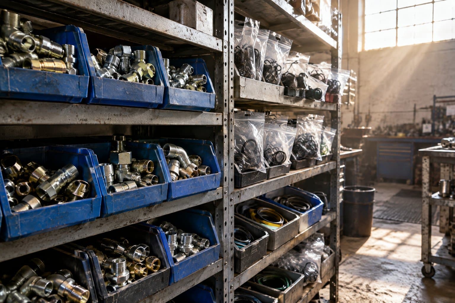 Steel shelves of bins with hydraulic fittings and bagged seal kits in a workshop store