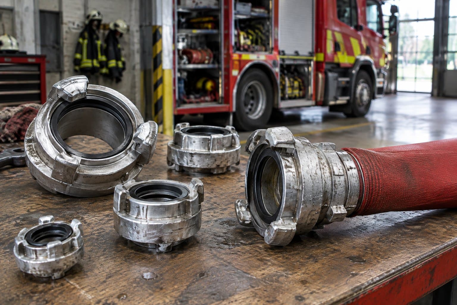 Aluminium Storz couplings of several sizes on a fire station bench, one on a red fire hose