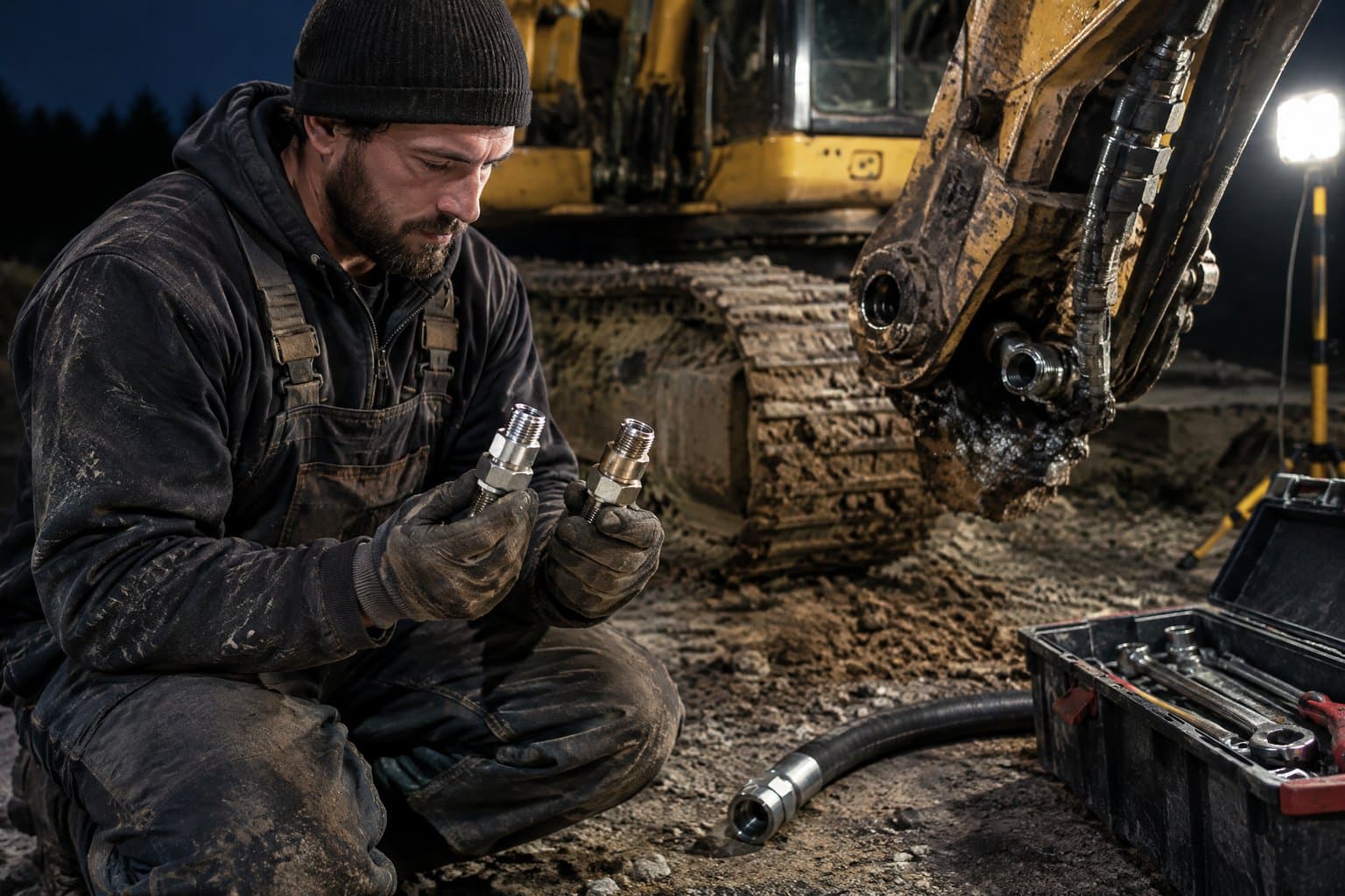 At night by a work lamp, a technician compares two similar hydraulic fittings beside a stopped excavator