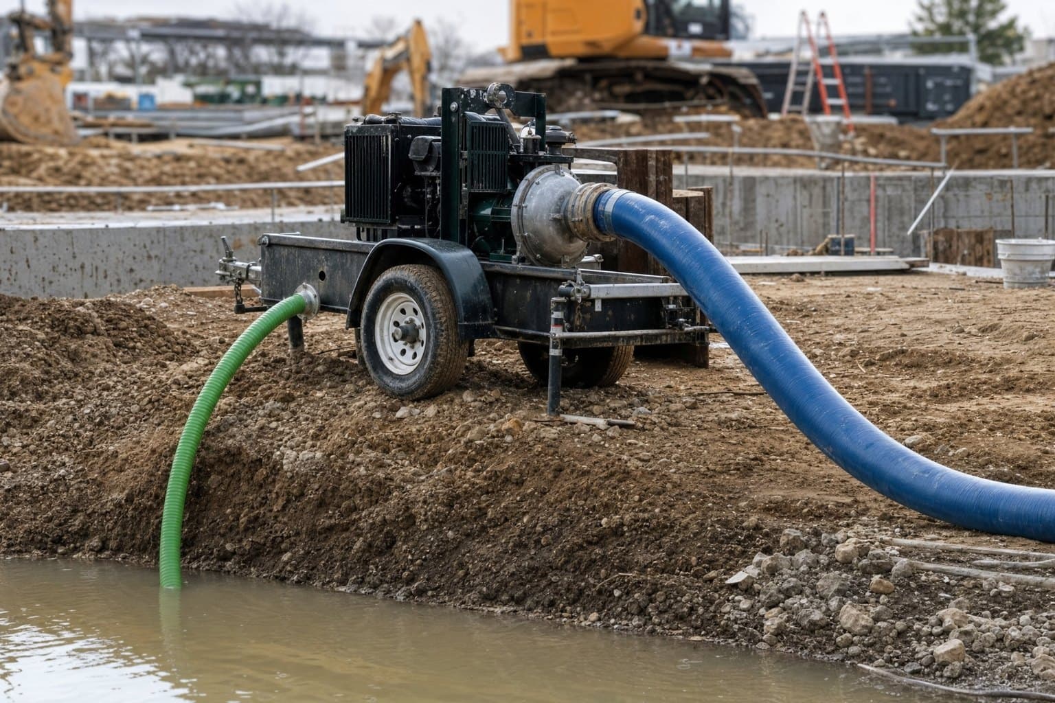 Dewatering pump with a green helix suction hose in a flooded excavation and a blue discharge hose at the outlet