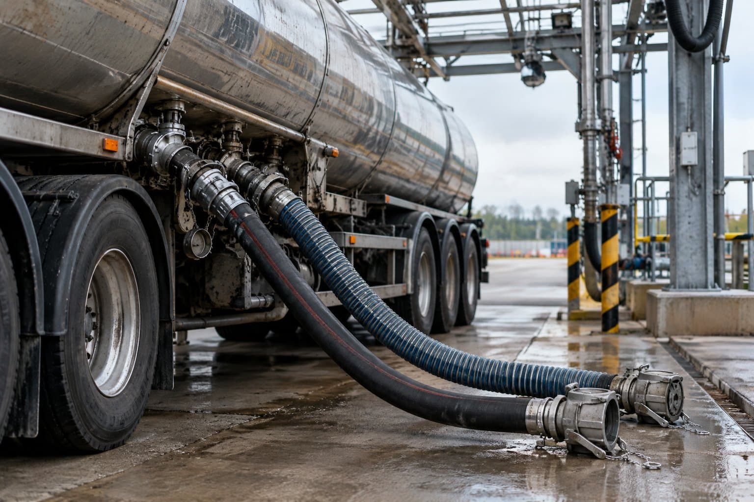 Liquid and vapour recovery hoses connected to a fuel tanker's bottom-loading valves at a gantry