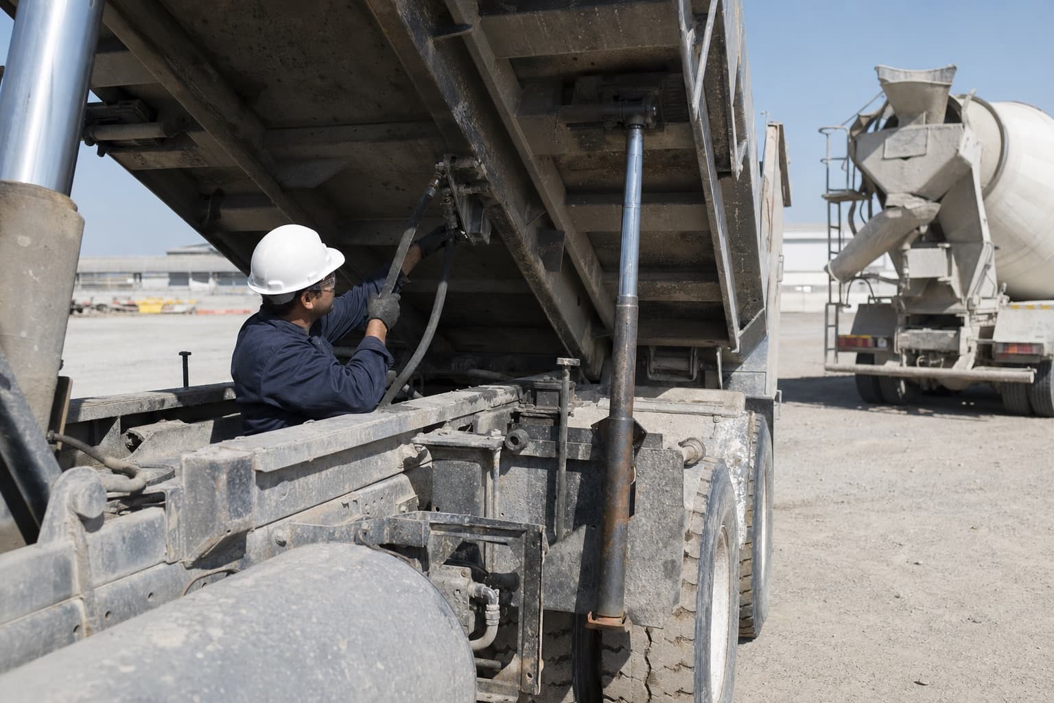 A technician working on the hydraulic hose where it crosses from chassis to body on a raised tipper, safety prop fitted, mixer parked behind