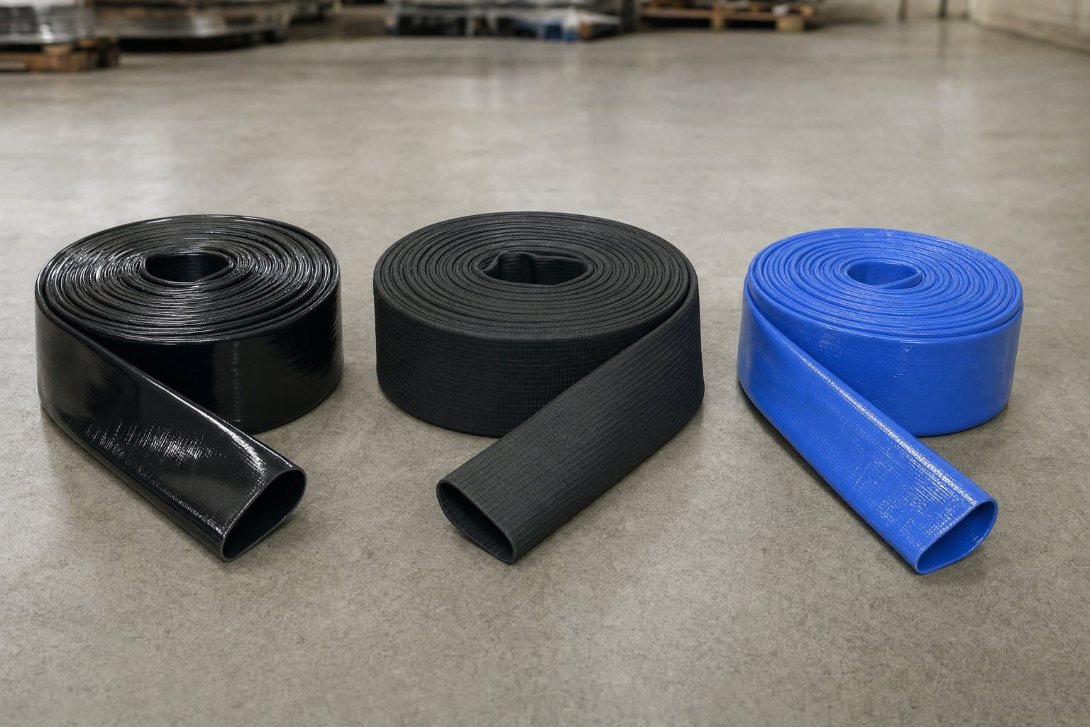 Three lay flat hose coils side by side: glossy black TPU, ribbed black nitrile rubber and blue PVC