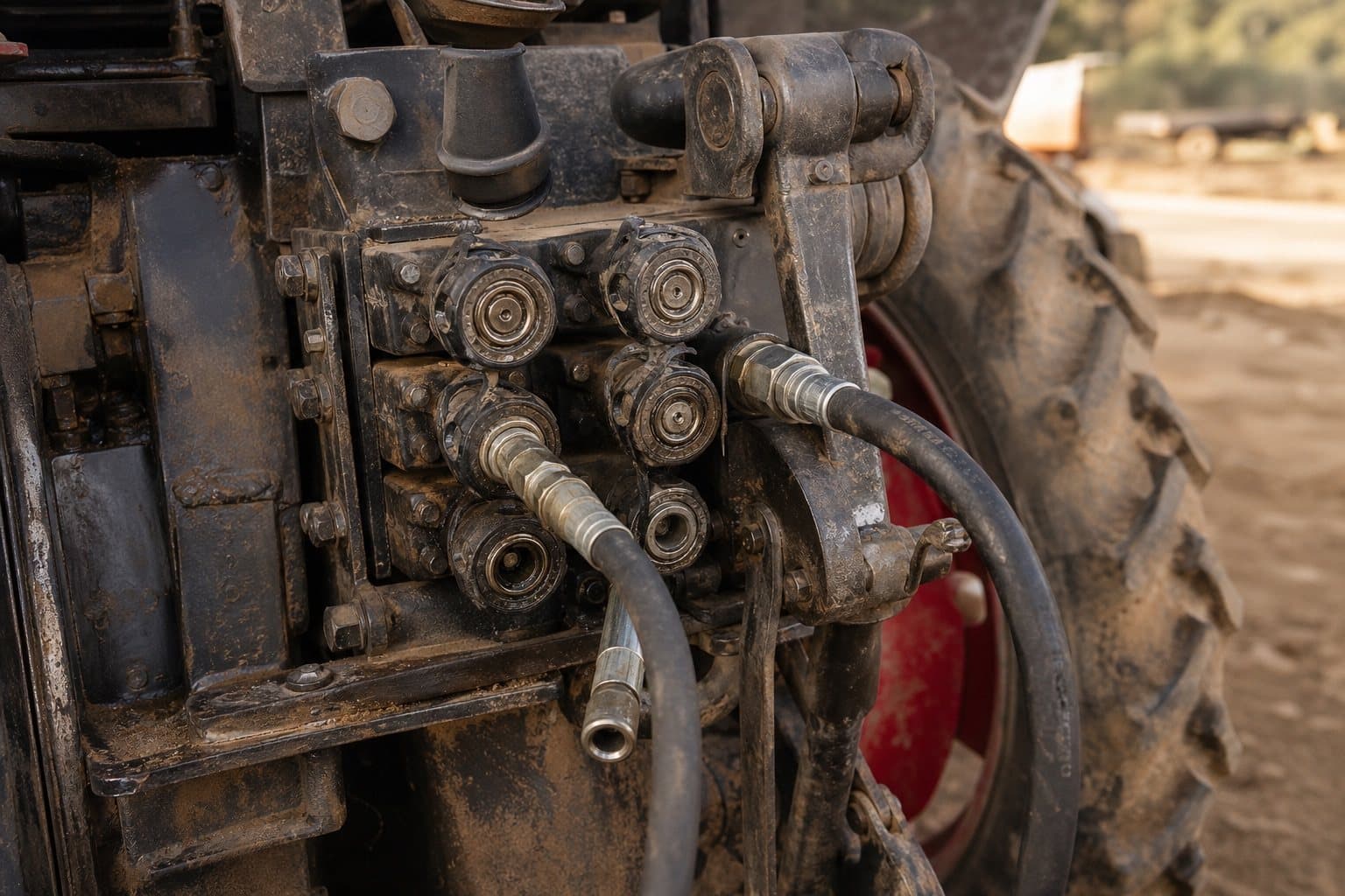 The rear remote coupler bank of an agricultural tractor, oil-darkened and mismatched, with two implement hoses plugged in and one hanging loose
