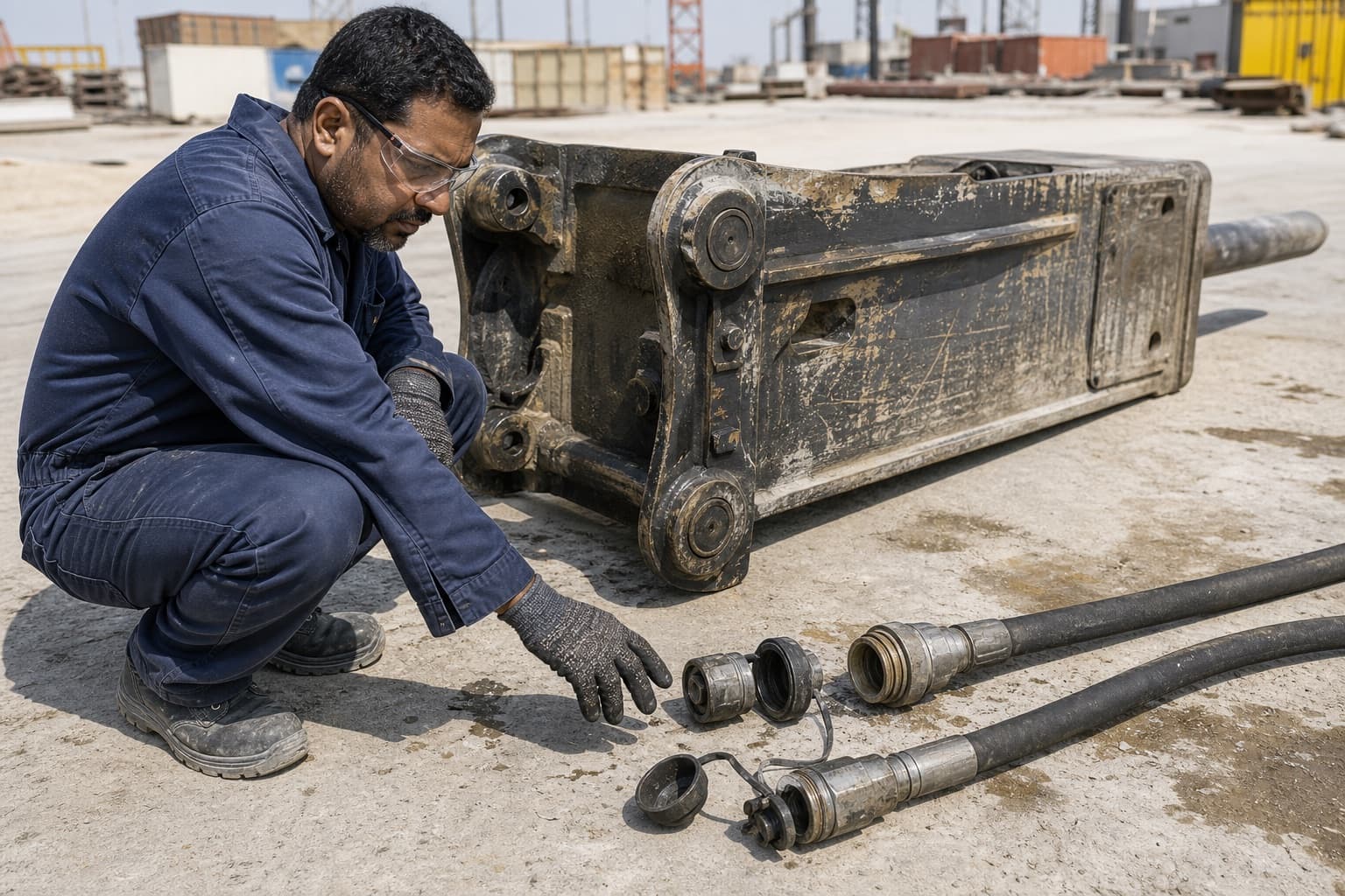 A hydraulic breaker attachment lying on hot concrete in full sun, its capped coupler halves in the foreground and an operator crouched beside them