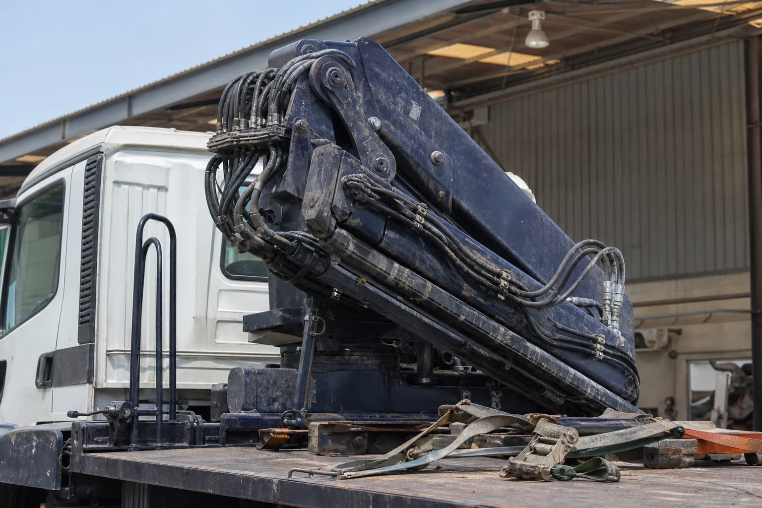 Hydraulic hoses tracking around the articulated joints of a knuckle-boom crane mounted behind a flatbed truck cab