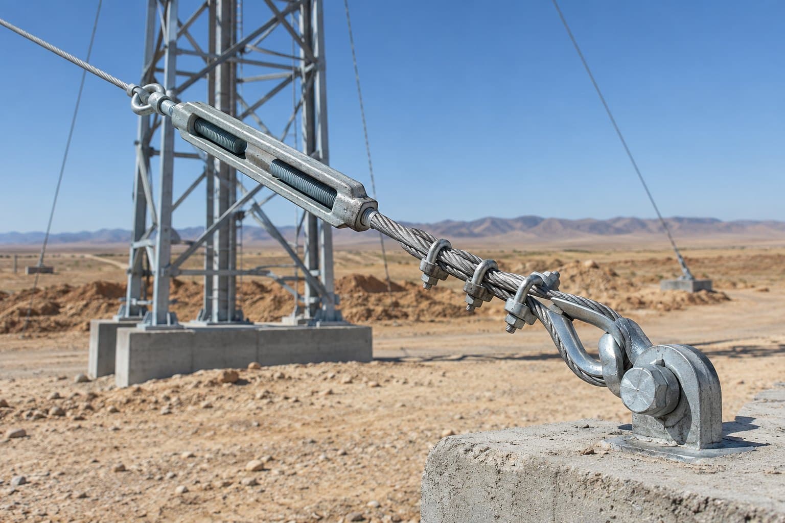 Guyed mast on a desert site with a turnbuckle, thimble and wire rope clips tensioning a guy to a concrete anchor