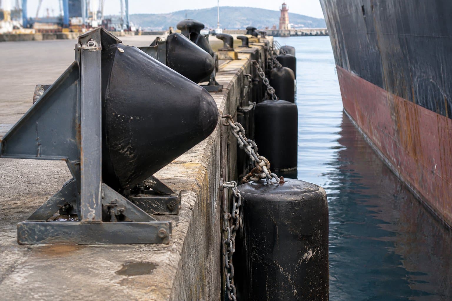 Black rubber cone and cylindrical fenders lining a port quay beside a ship's hull