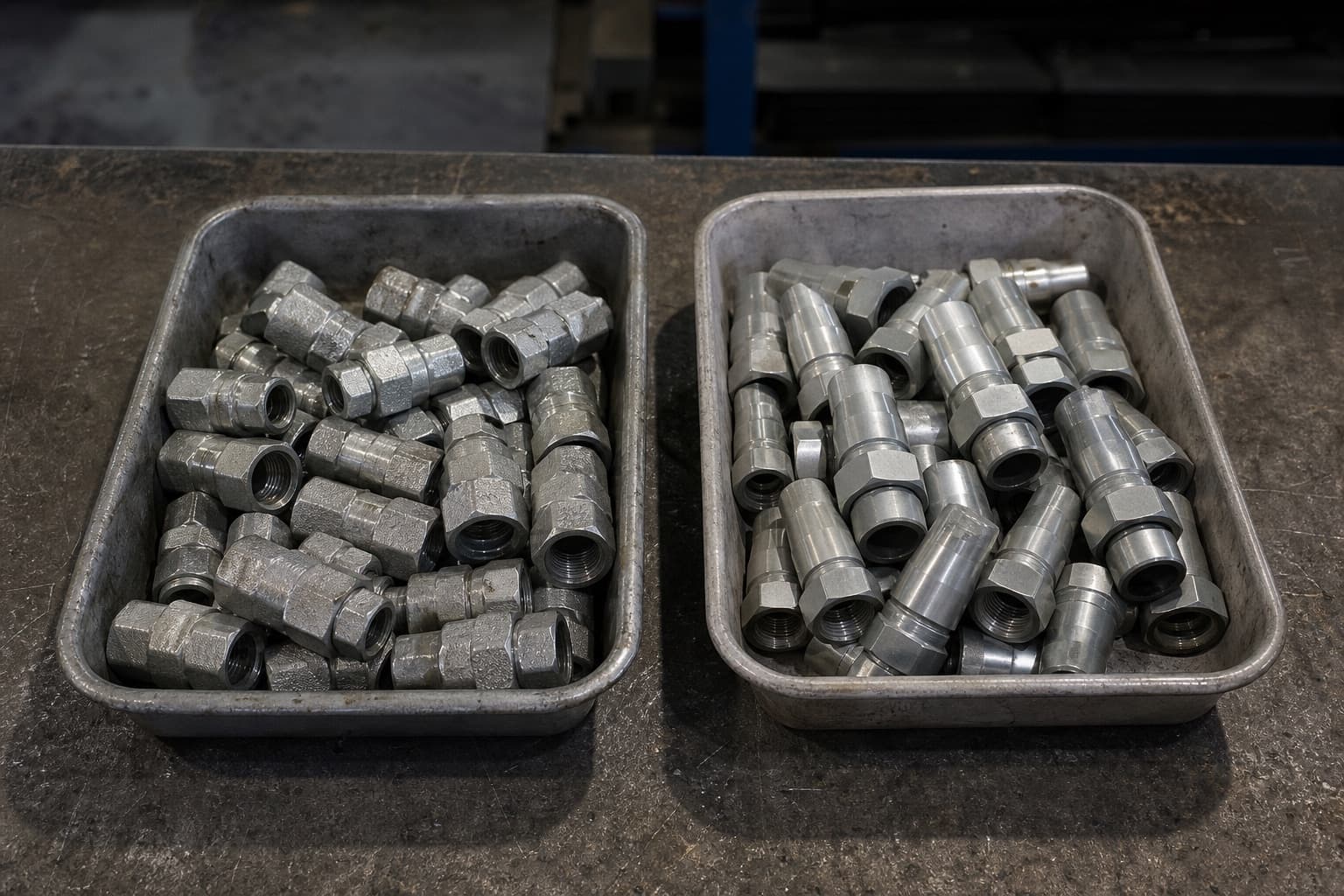 Two trays of similar steel hydraulic fittings side by side, one set carrying faint forged markings on the hex flats and the other completely bare
