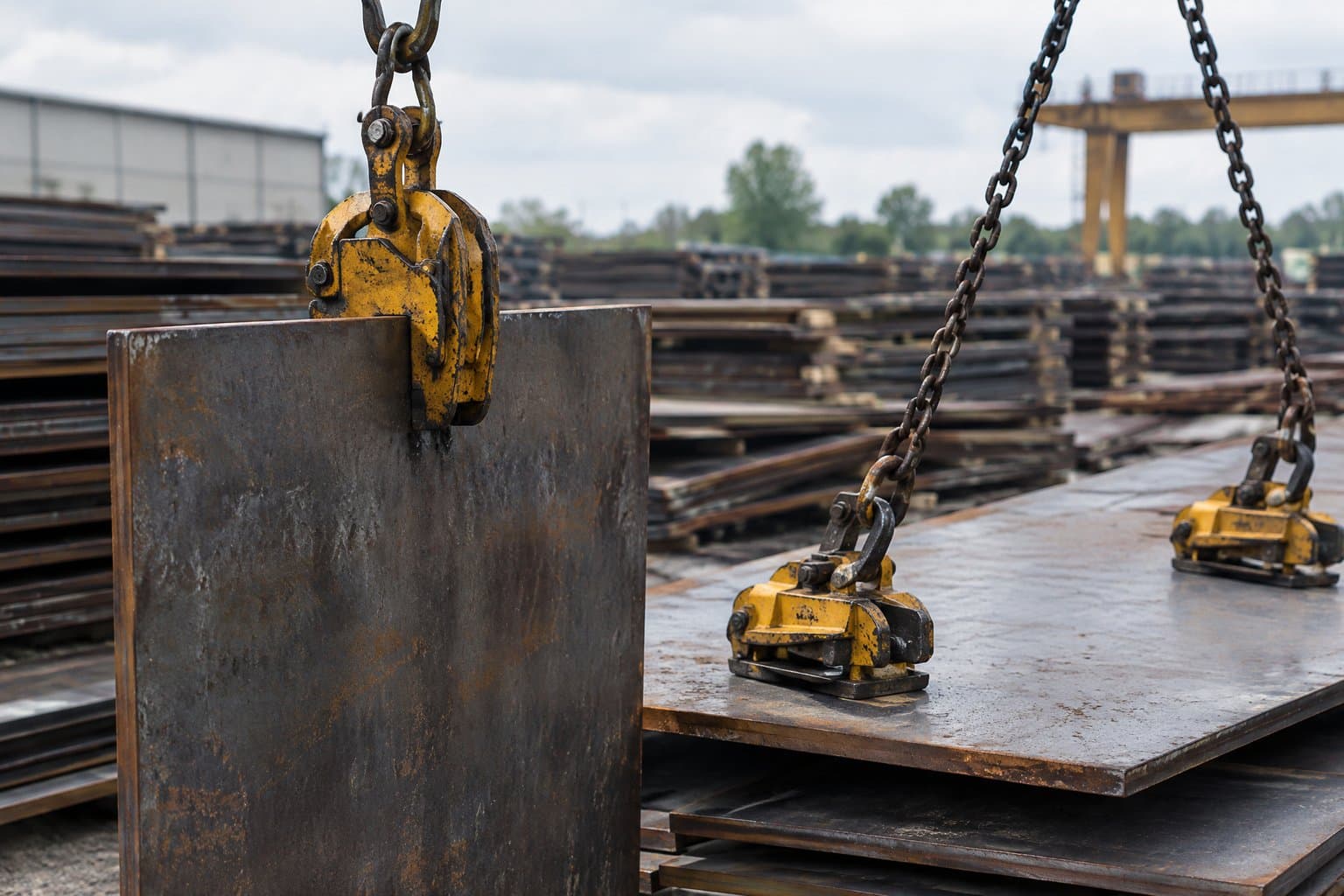 A vertical plate clamp lifting a plate upright, a pair of horizontal clamps on a flat plate nearby