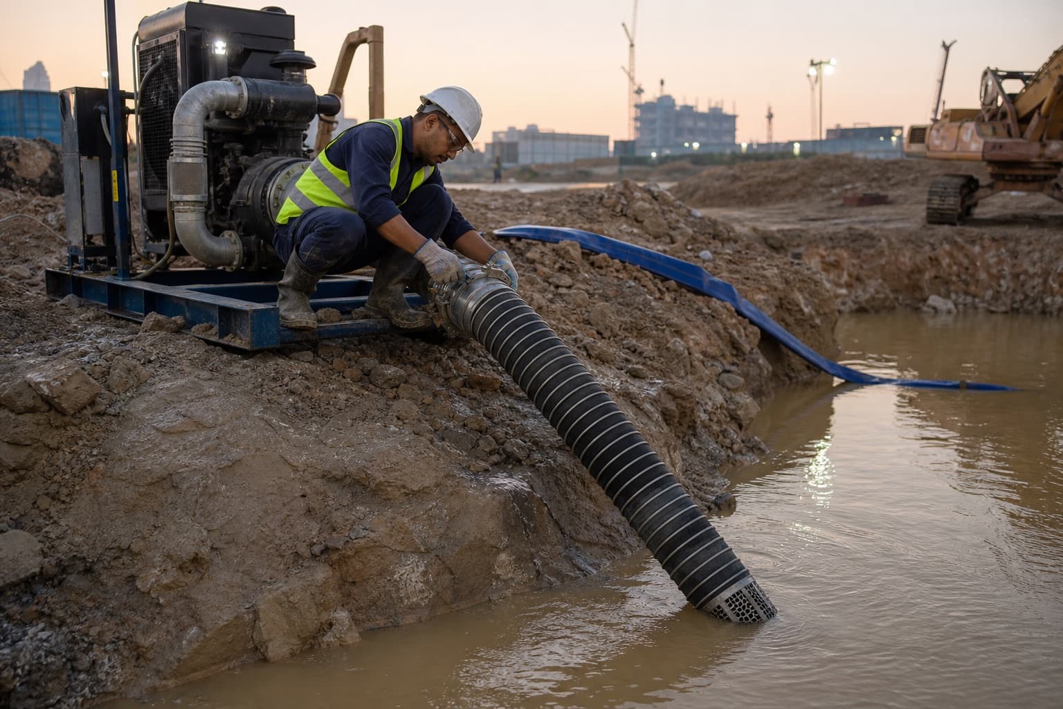 A dewatering pump on a construction site with a helix-reinforced suction hose running down into a muddy sump at first light