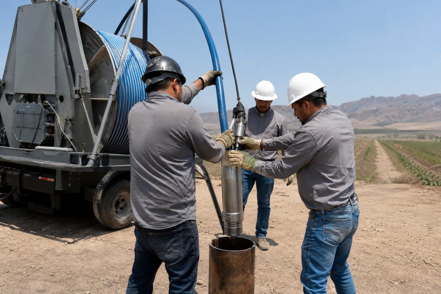 Crew lowering a submersible pump on blue riser hose from a trailer reel into a borehole casing on a desert farm