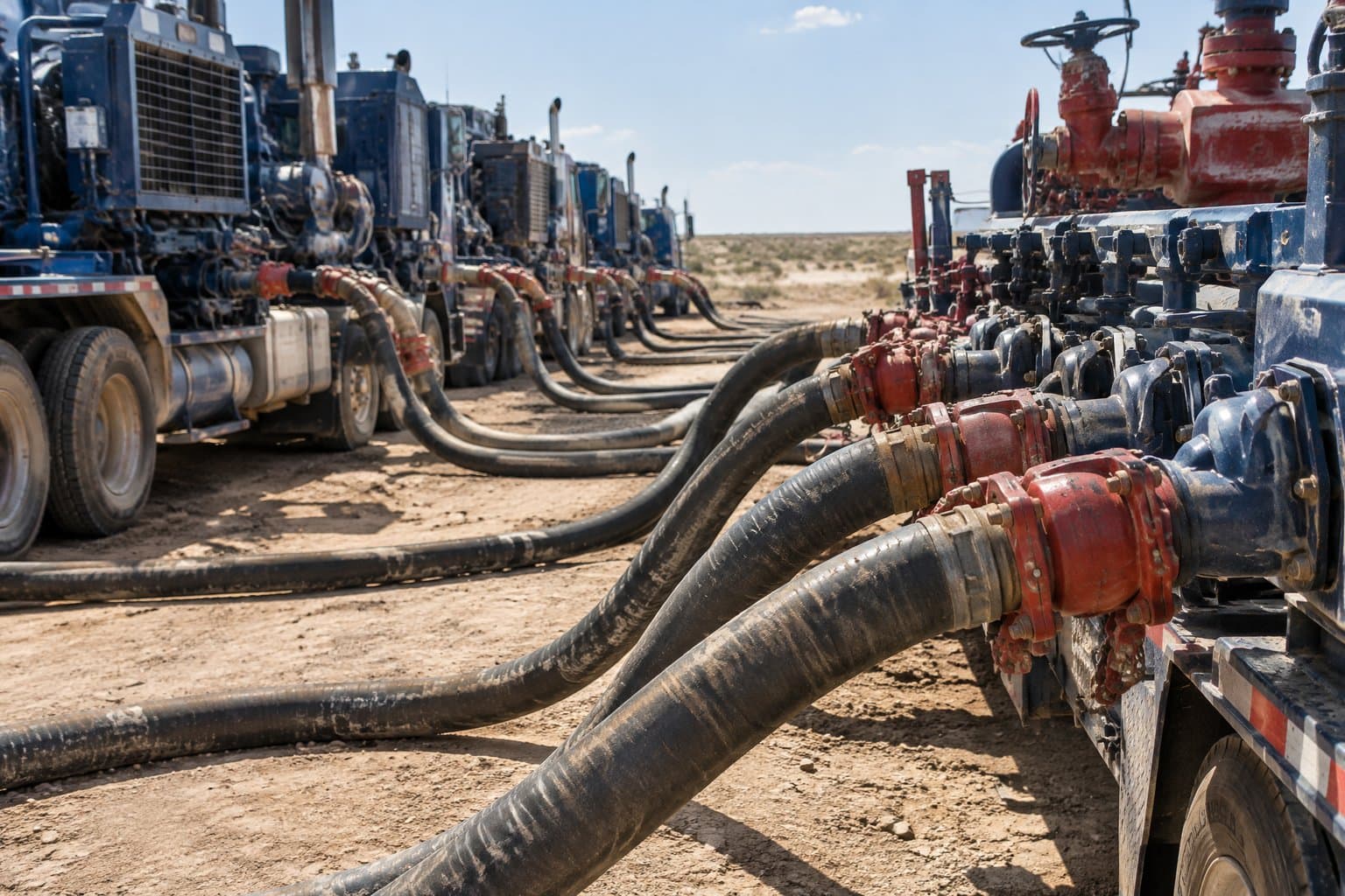 High-pressure hoses connecting frac pump trucks to a manifold trailer at a well pad