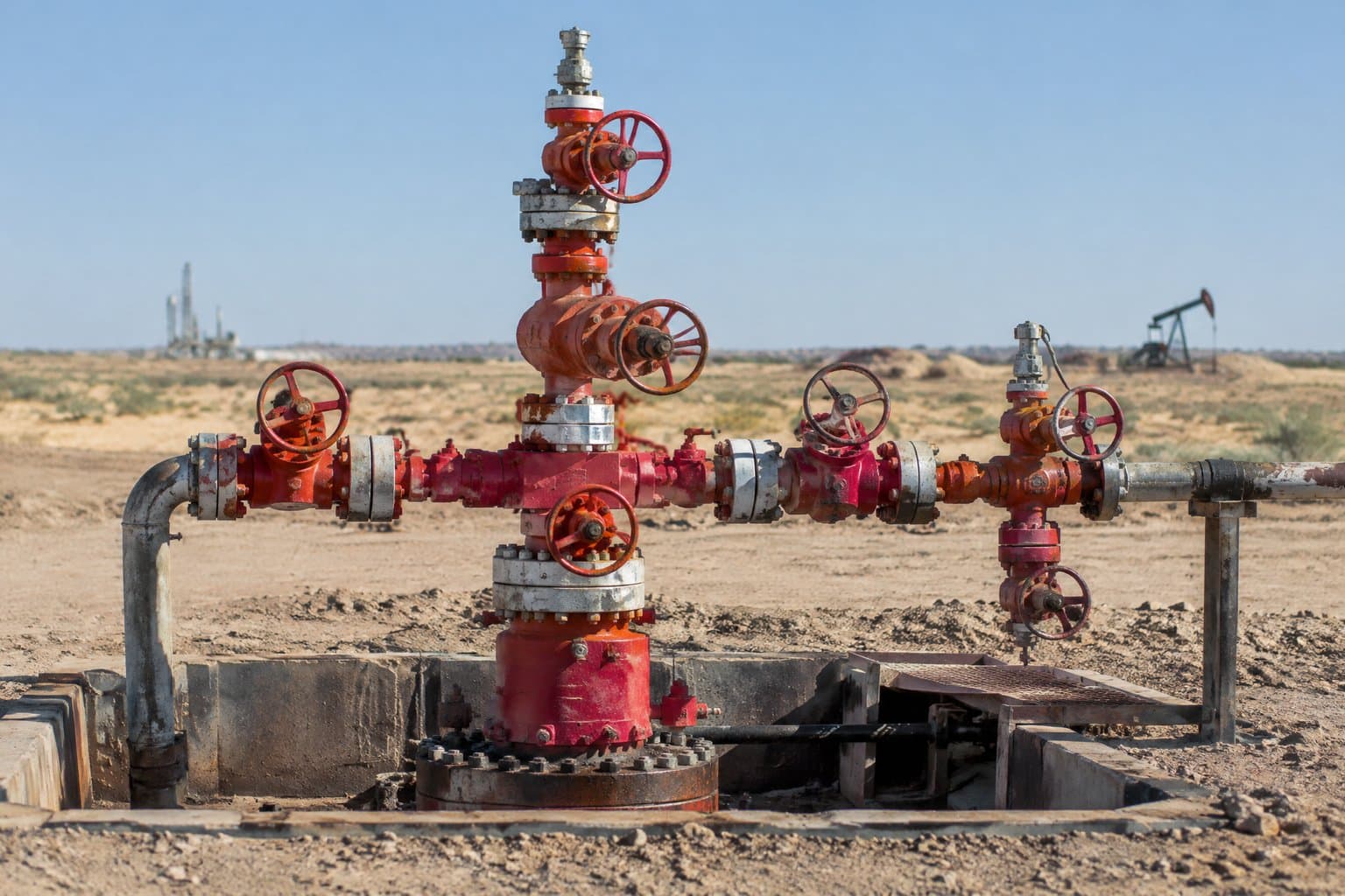 A wellhead and christmas tree with master and wing valves in a desert oilfield