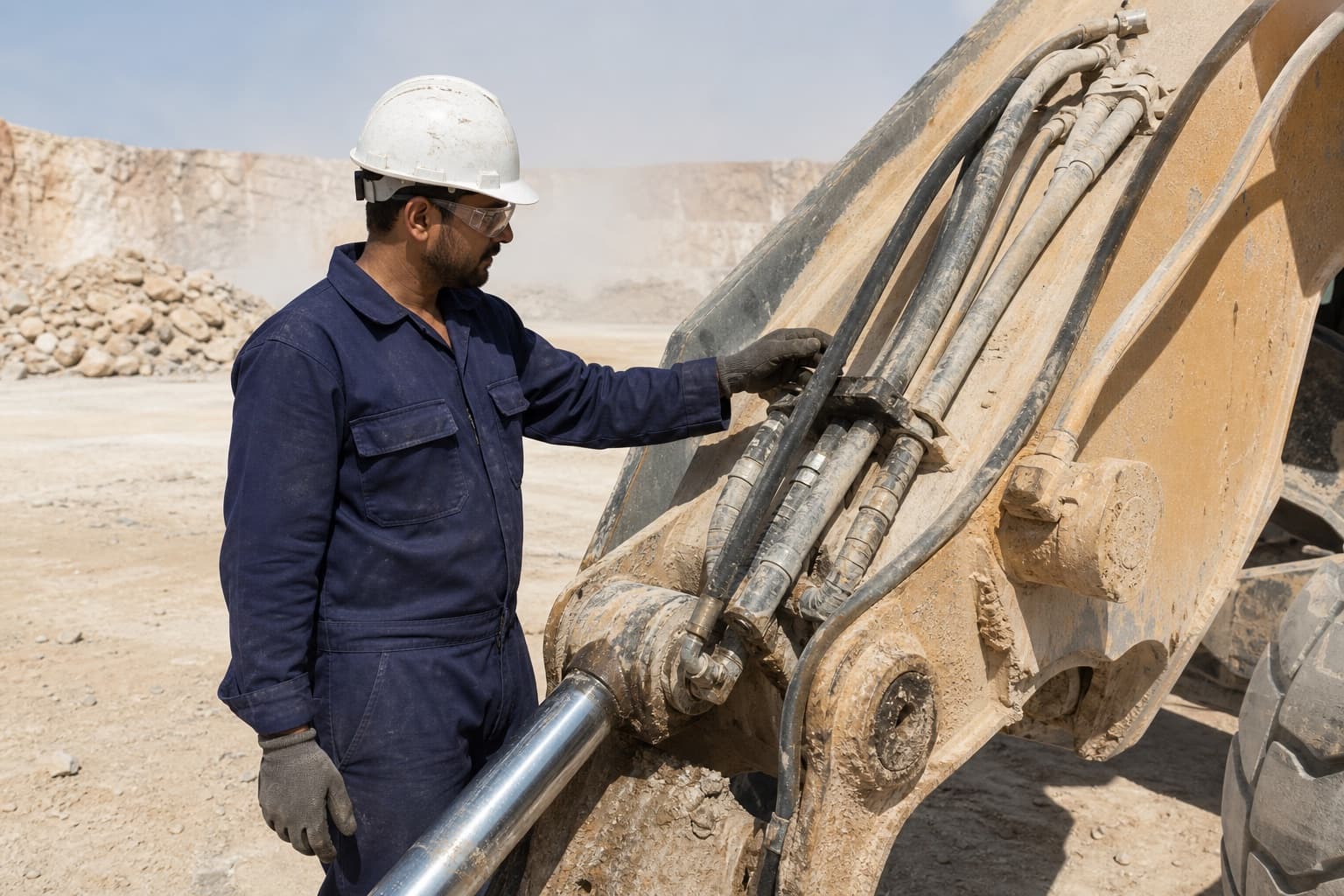 A technician checking the hoses running down a wheel loader lift arm to its lift cylinder, quarry stockpiles behind