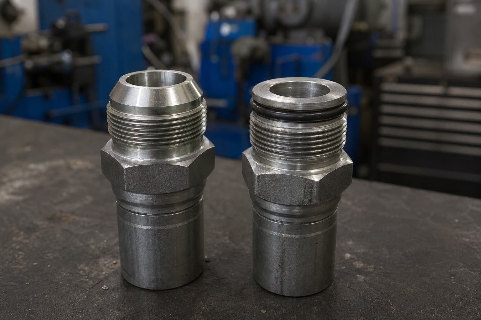 Two hydraulic fittings upright side by side, one presenting a machined 37 degree cone and the other a flat face with a seated O-ring