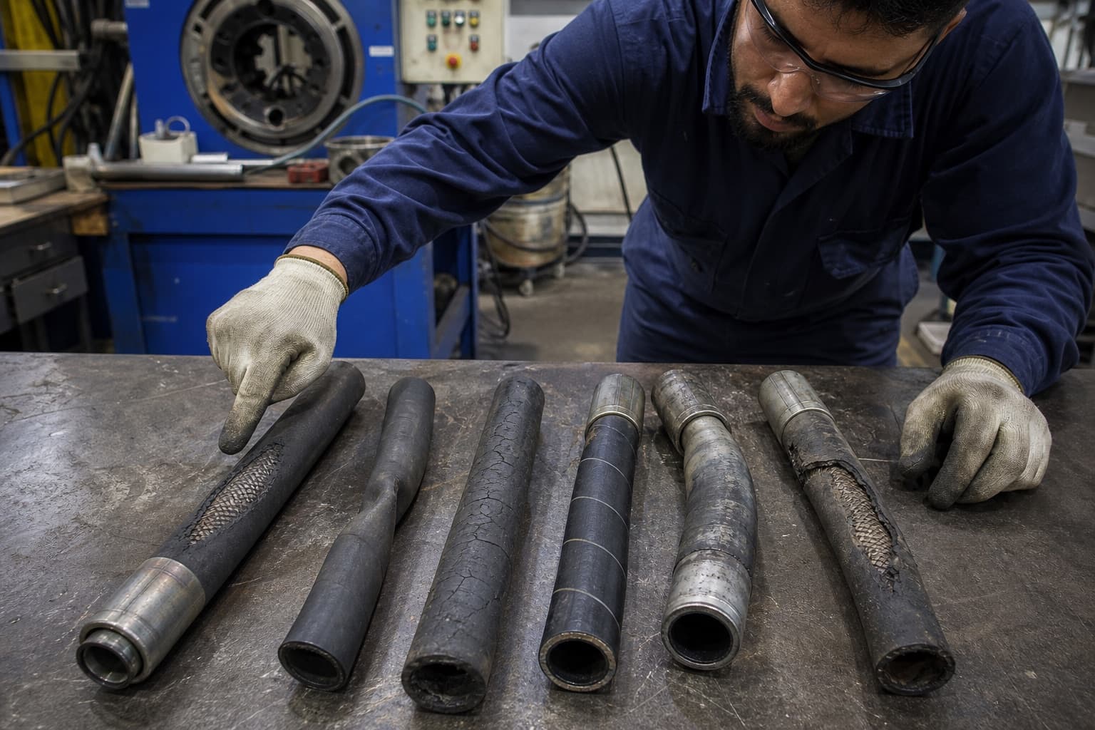 Six failed hydraulic hose sections laid out on a workshop bench showing abrasion, kinking, heat cracking, twist and a pulled-out ferrule