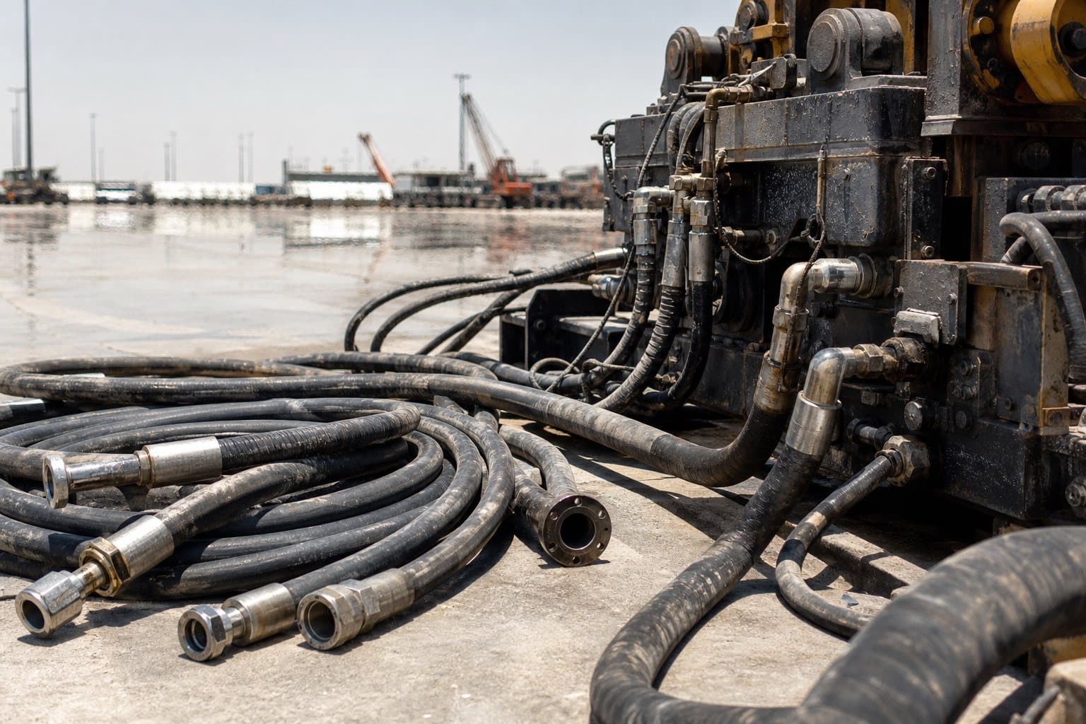 Hydraulic hose assemblies coiled on hot concrete in a machinery yard at the peak of a Gulf summer afternoon
