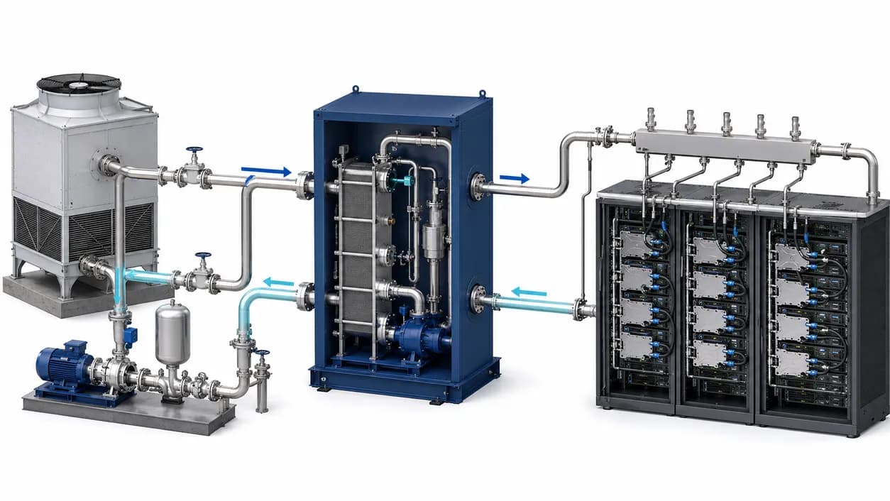 Data centre liquid cooling system diagram — facility water system, CDU and technology cooling system