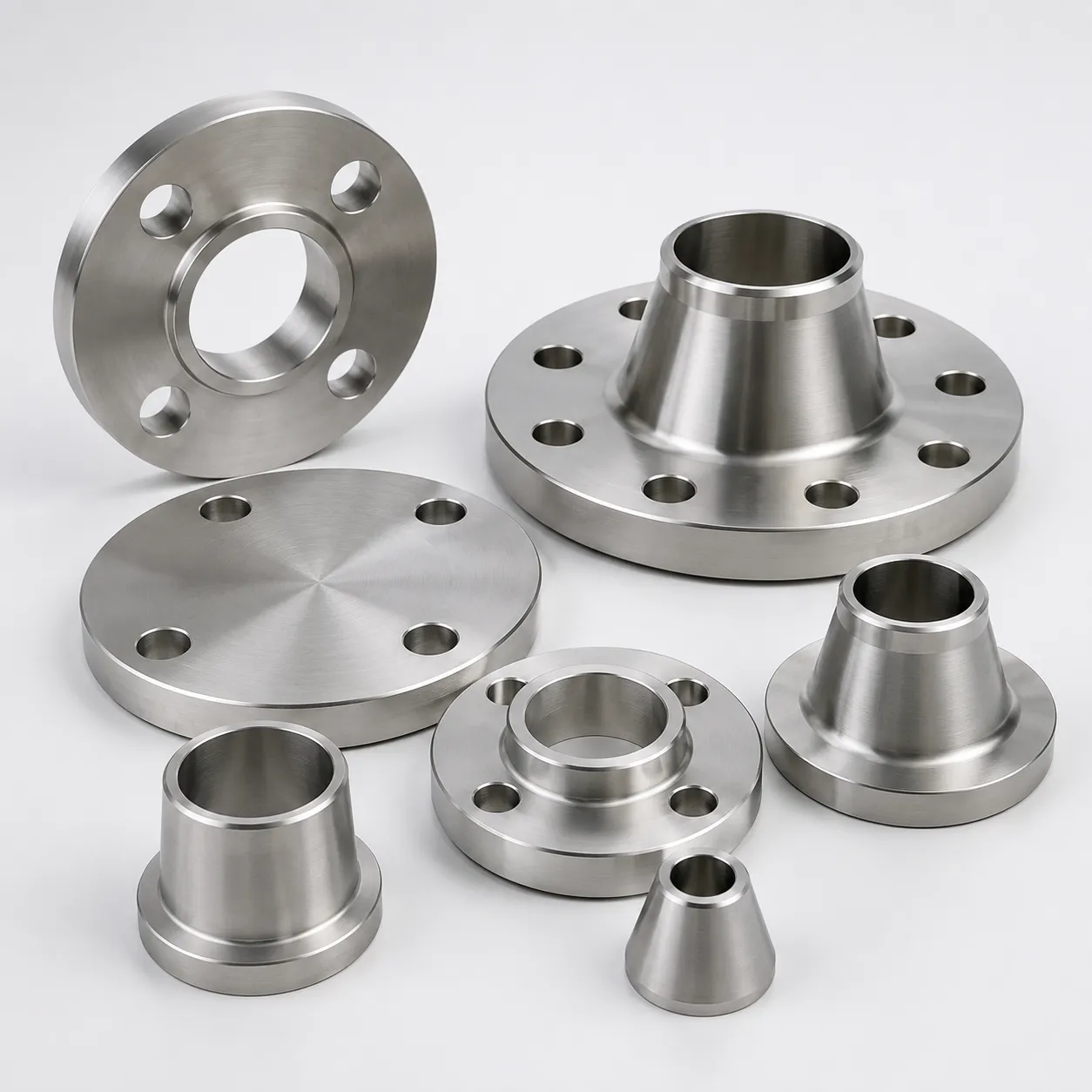 Stainless steel weld neck, blind and adapter flanges for engineered piping connections