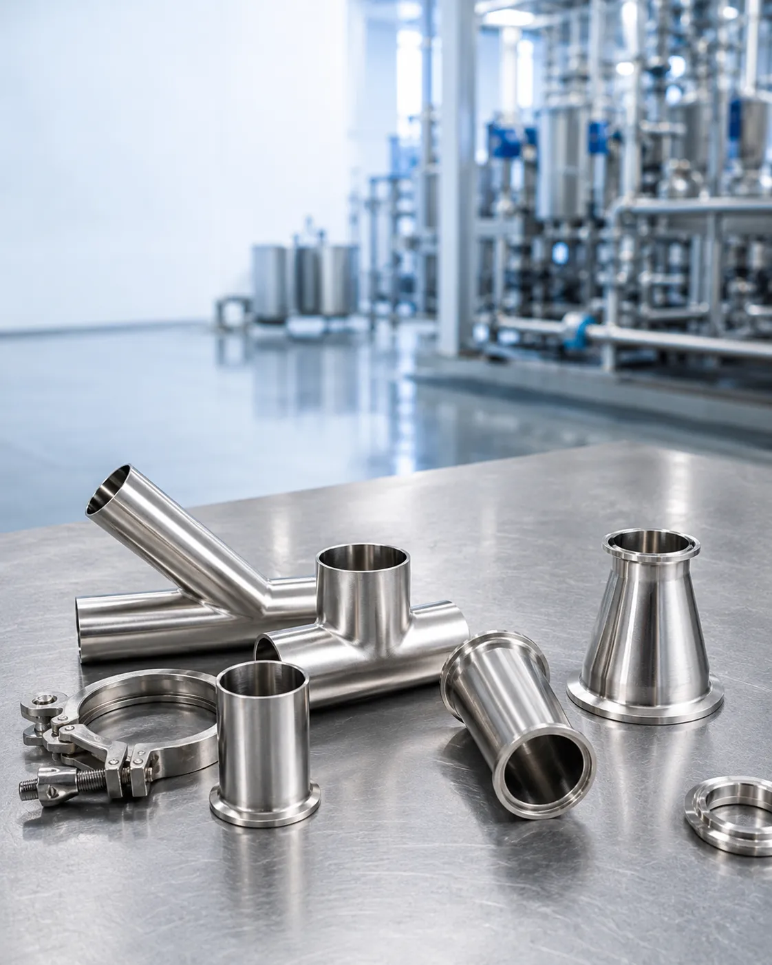 Stainless steel valves, fittings and flanges in an industrial manufacturing setting