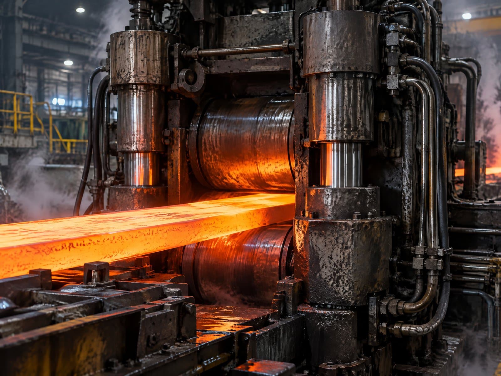 A glowing steel strip passing through a hot rolling mill stand with its hydraulic cylinders and tubing