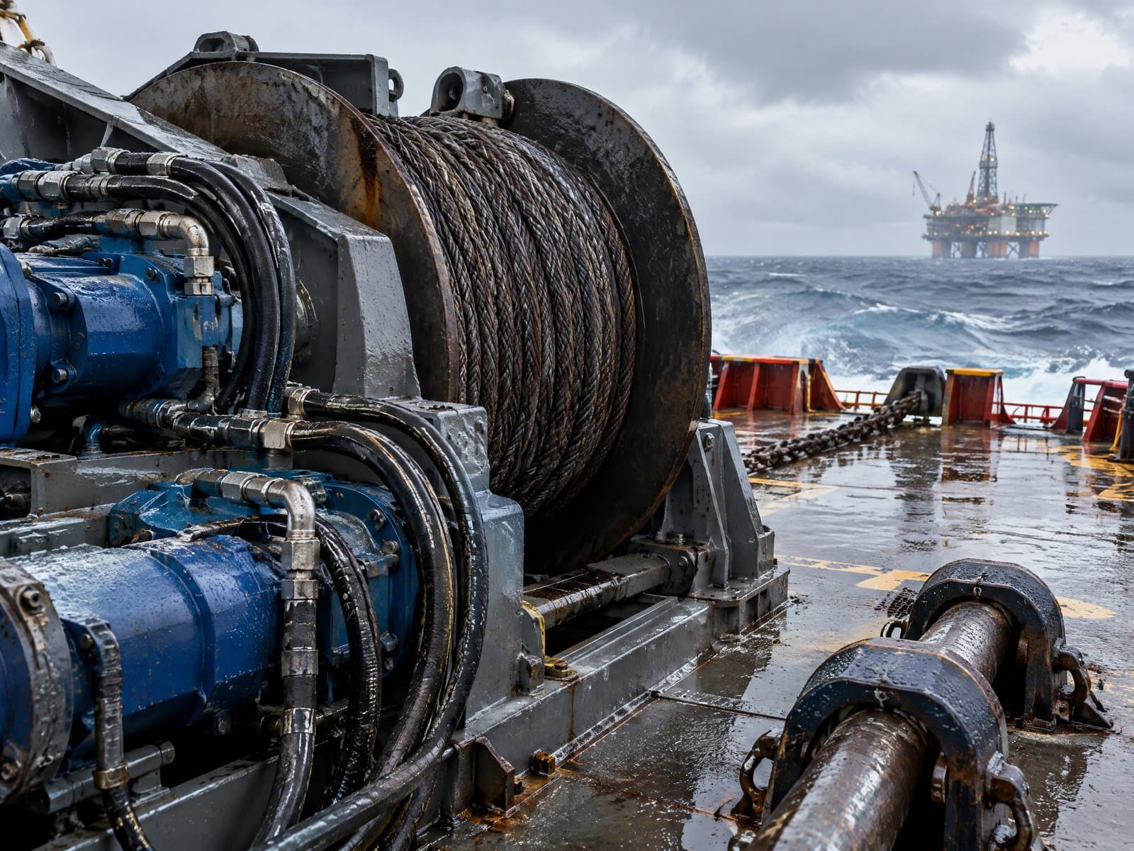 A hydraulic anchor-handling winch on the wet aft deck of an offshore supply vessel, an oil platform on the horizon