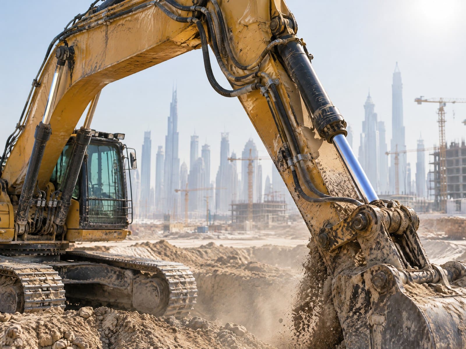 An excavator’s boom cylinders and hydraulic hoses on a construction site, a hazy city skyline behind