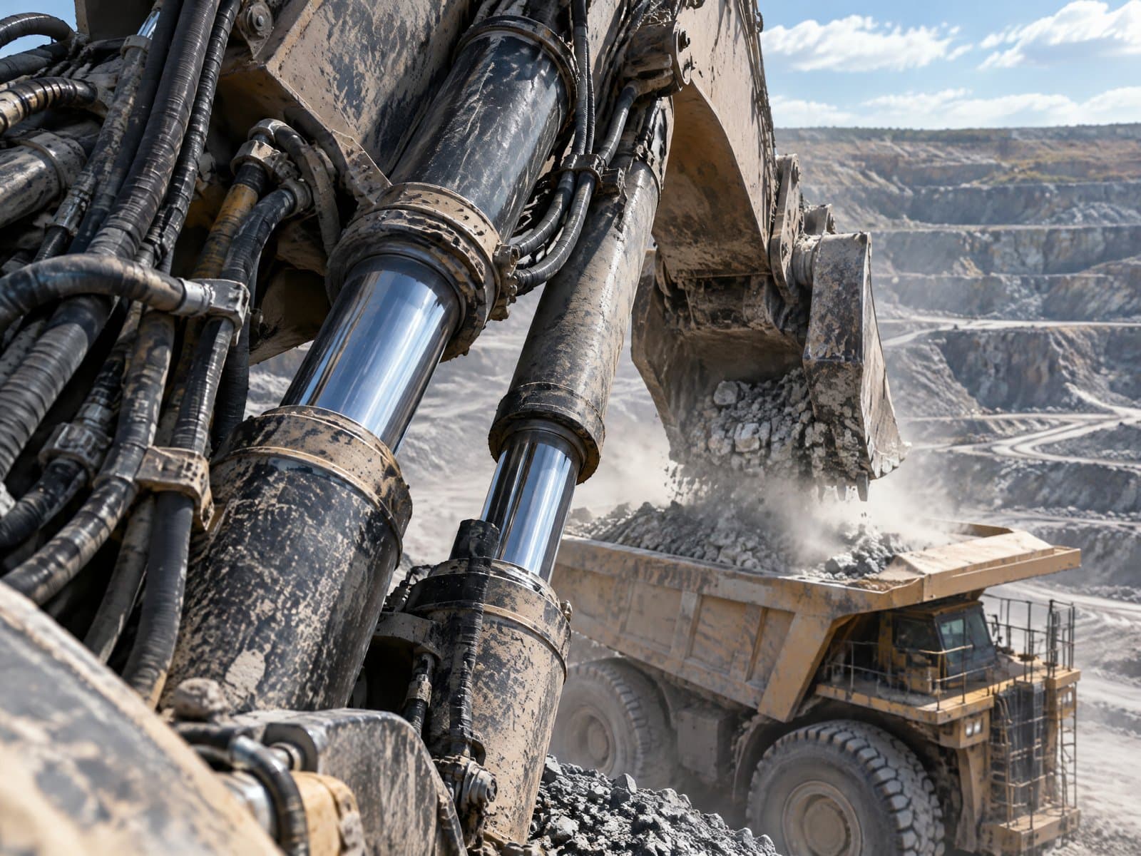 Close-up of a mining shovel’s hydraulic boom cylinders and hoses as it loads a haul truck in an open-pit mine
