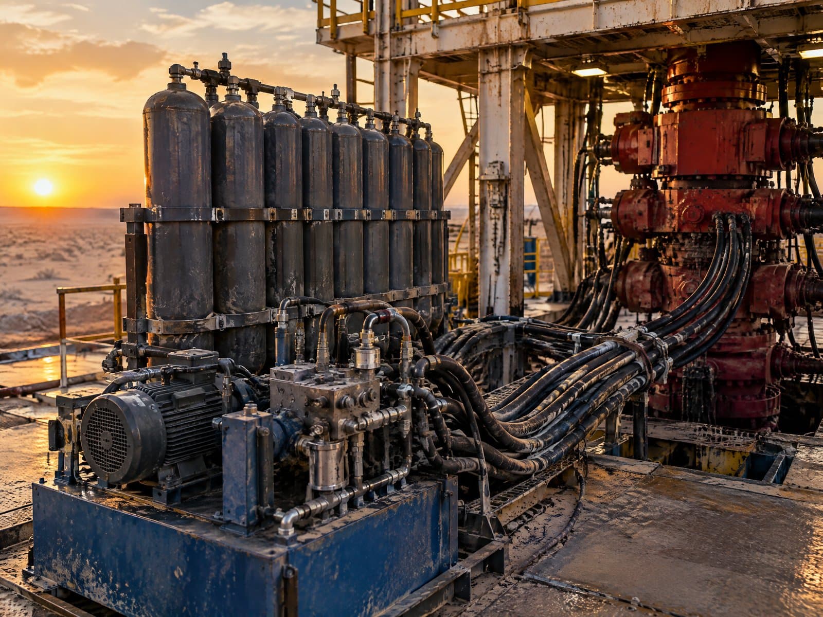 A BOP accumulator unit with rows of pressure bottles, a pump skid and bundled hydraulic hoses at the base of a desert land rig at sunset