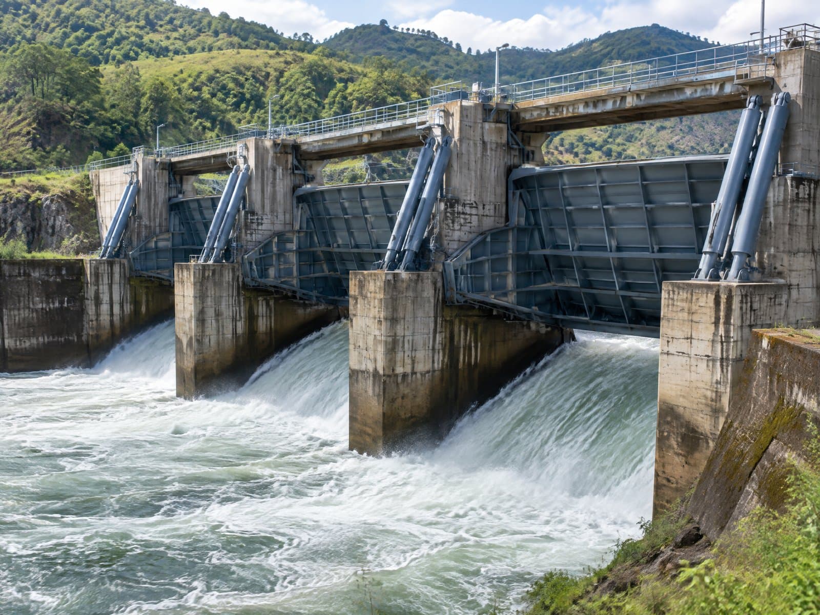 Spillway radial gates on a hydroelectric dam, each raised by a pair of hydraulic cylinders, water rushing beneath