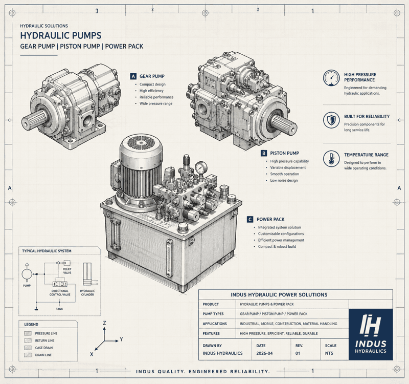 Hydraulic pumps — gear pump, piston pump and power pack cutaway diagram