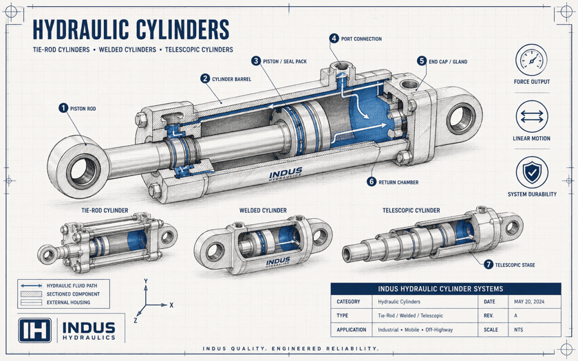 Hydraulic cylinders — tie-rod, welded and telescopic cylinder cutaway diagram