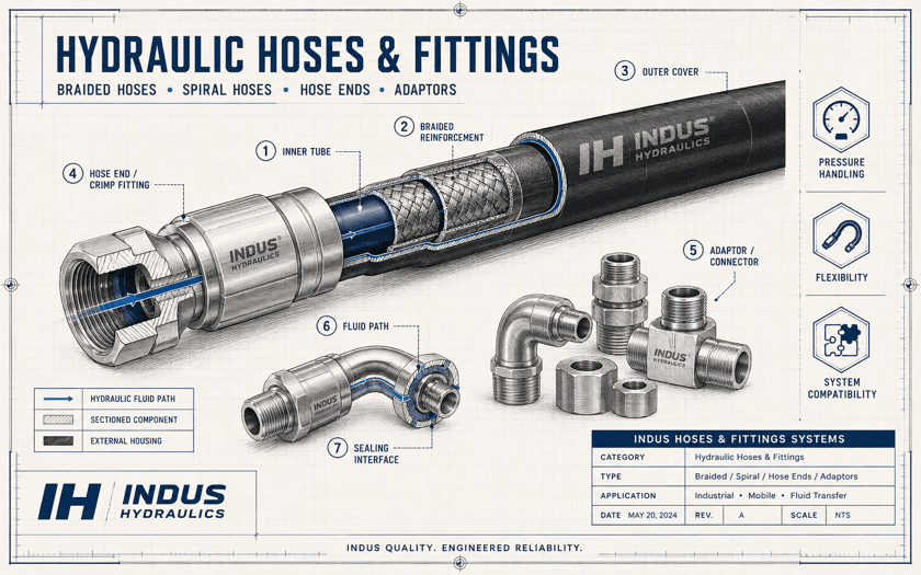 Hydraulic hoses & fittings — braided hose construction, hose ends and adaptors diagram