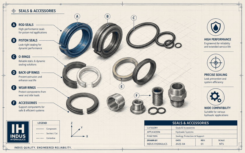 Seals & accessories — rod seals, piston seals, O-rings, back-up and wear rings diagram