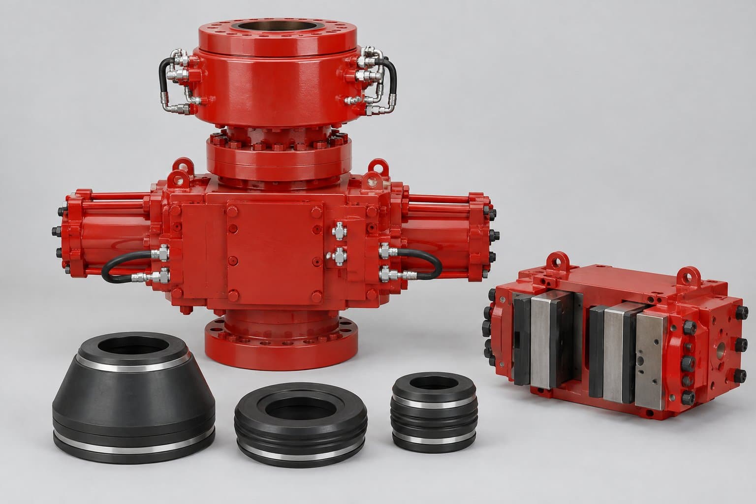 A red blowout preventer with an annular preventer on a ram body, a ram block assembly and rubber packer elements in front
