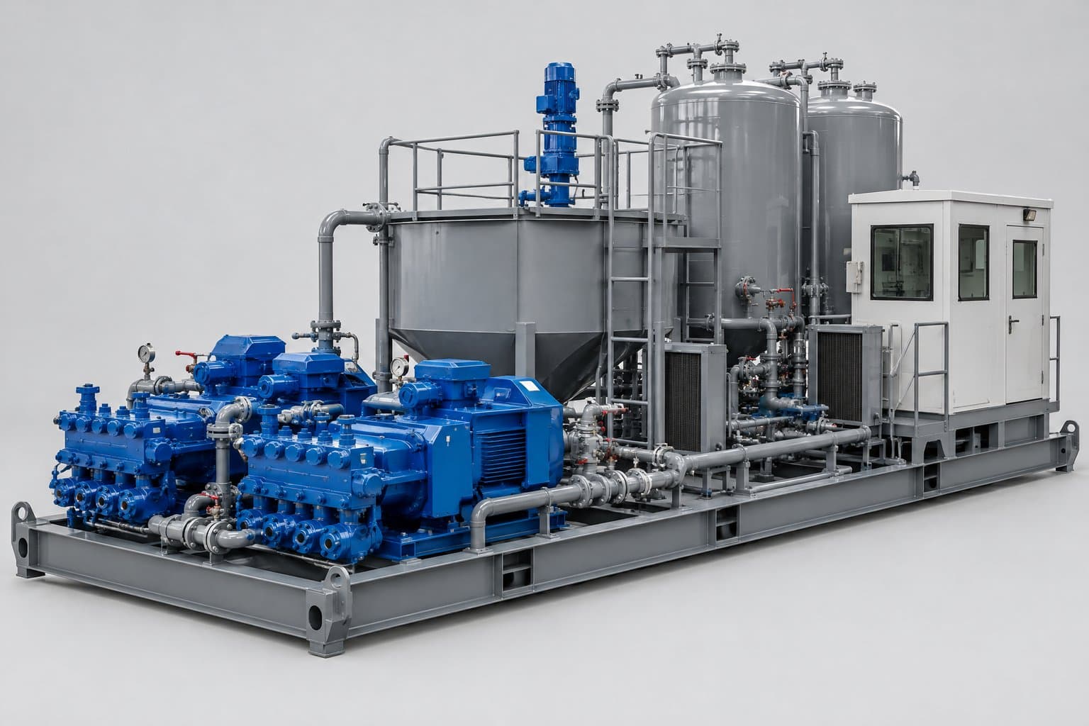A skid-mounted cementing unit with twin triplex pumps, mixing and displacement tanks and a control cabin