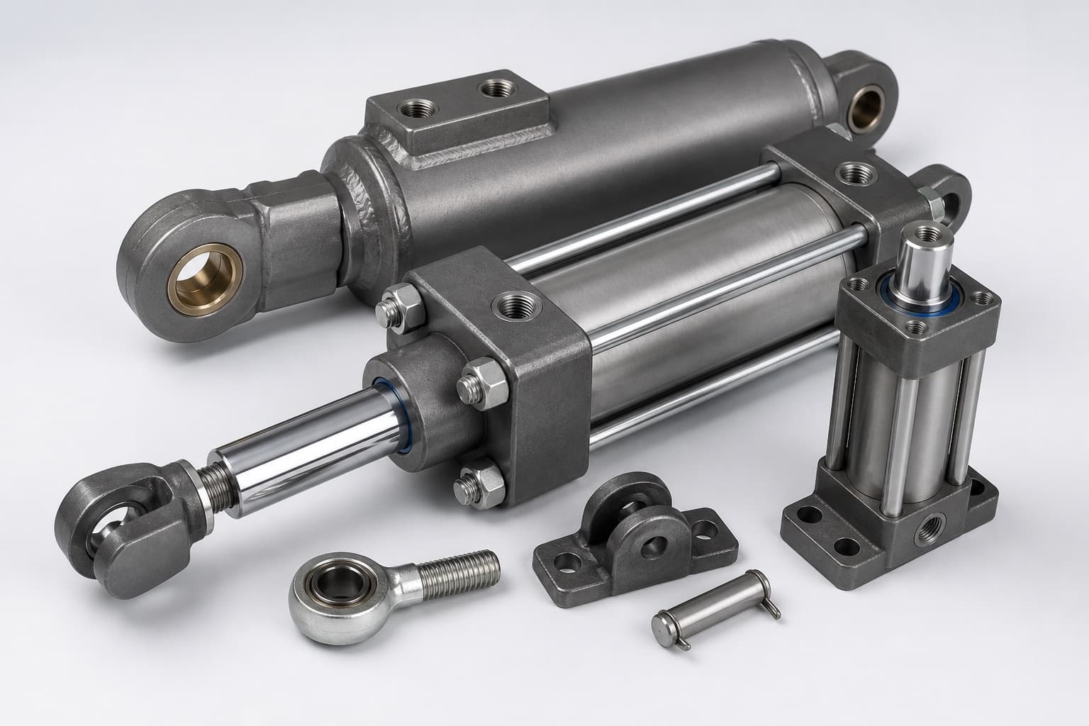A group of double-acting hydraulic cylinders — a tie-rod cylinder with its chrome rod part extended, a heavy welded cylinder with a bronze-bushed clevis eye, a short flange-mount cylinder, and a rod eye, mounting bracket and clevis pin in front