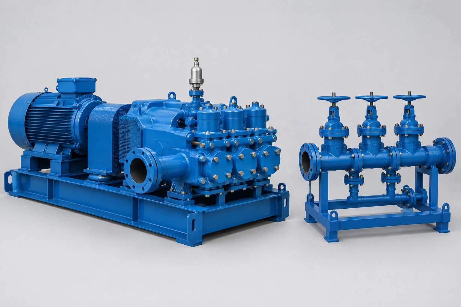 A skid-mounted triplex mud pump with its electric motor, beside a mud manifold of gate valves on a frame