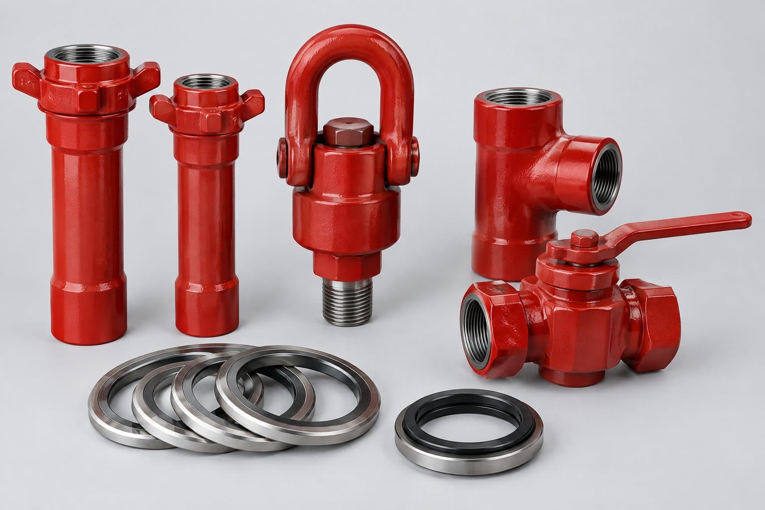 A group of red flow iron — pup joints with hammer union nuts, a swivel joint, a tee and a plug valve, with metal ring joint gaskets in front