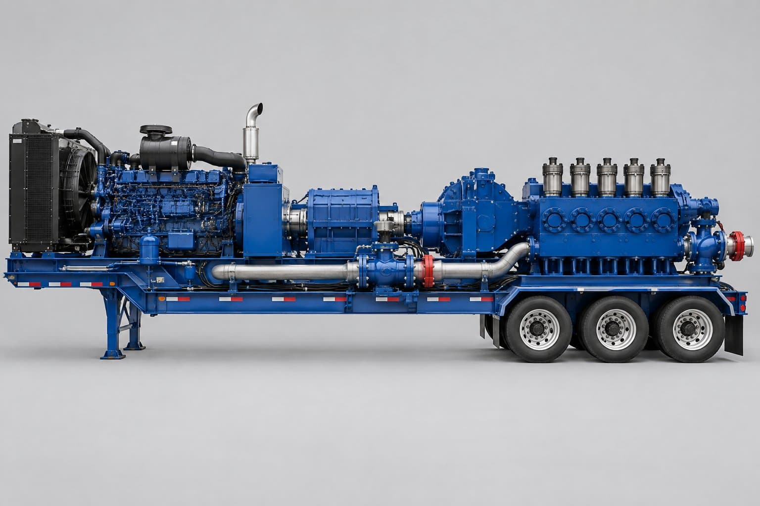 A frac pumper on a tri-axle semi-trailer — diesel engine and transmission at the front, plunger pump at the rear, discharge iron along the side