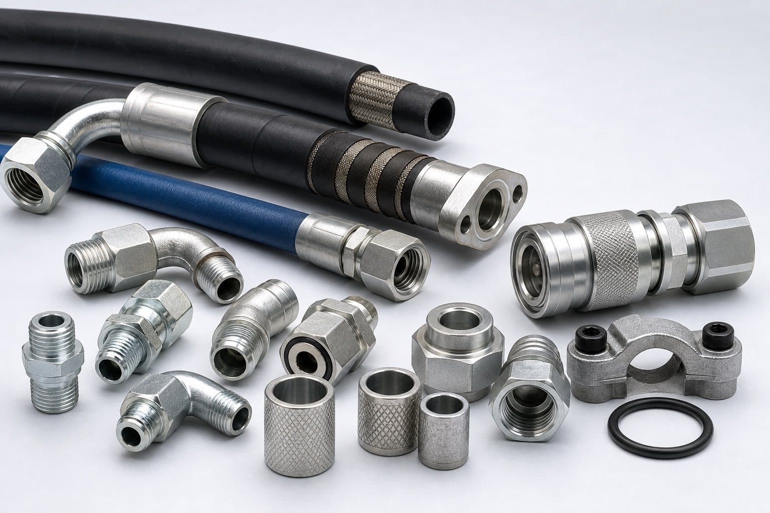 A group of hydraulic hose and connectors — wire-braid, spiral and thermoplastic hose with crimped ends sweeping across the frame, over a fan of plated crimp fittings, elbows, swivel nuts, ferrules, a flat-face quick coupler and a split-flange clamp