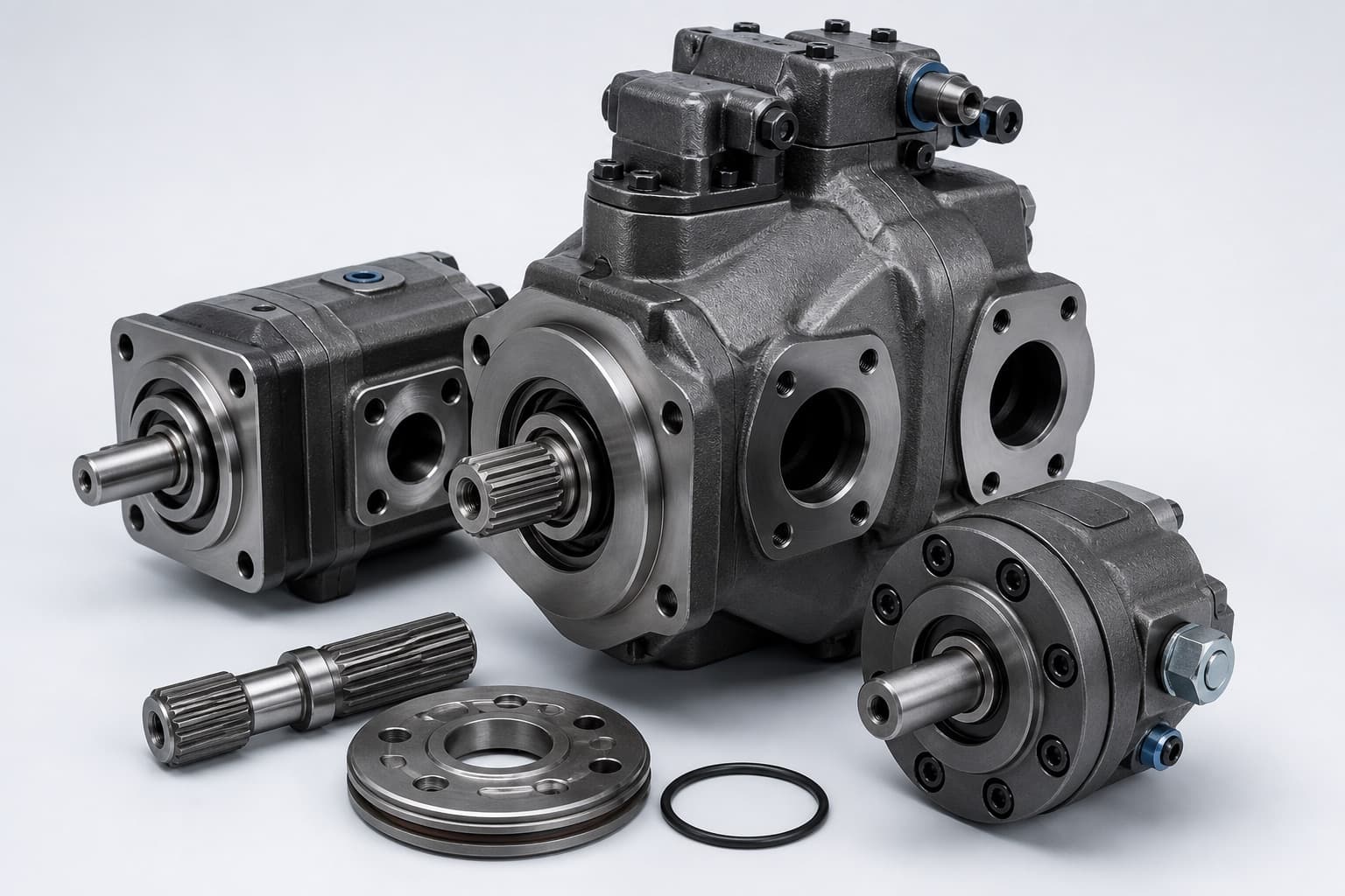 A group of hydraulic pumps on a studio backdrop — a variable-displacement axial piston pump with its swashplate control head, an external gear pump, a vane pump cartridge, and a splined drive shaft and cover plate laid in front