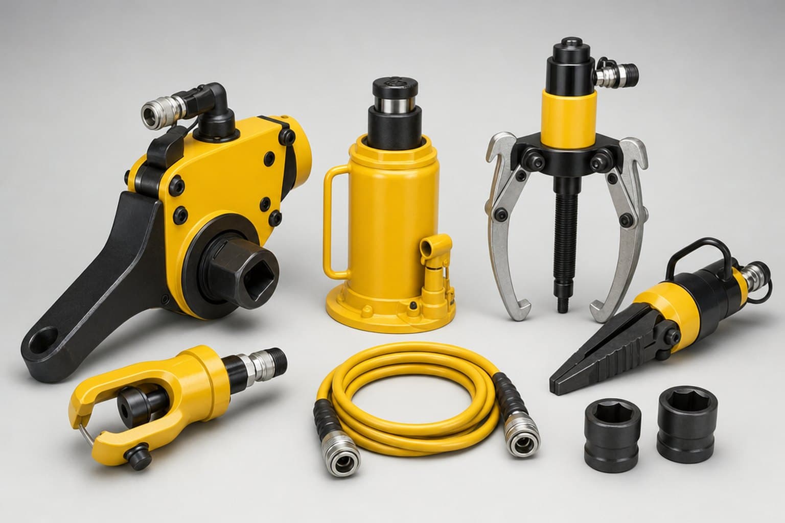 A group of hydraulic tools — a square-drive torque wrench with reaction arm, a bottle jack, a three-jaw puller, a flange spreader, a nut splitter, a coiled high-pressure hose and two impact sockets