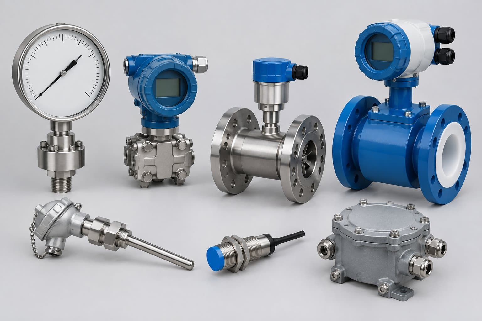 A group of oilfield instruments — a pressure gauge, pressure transmitters, a turbine flowmeter, a magnetic flowmeter, a thermowell, a proximity sensor and an explosion-proof junction box