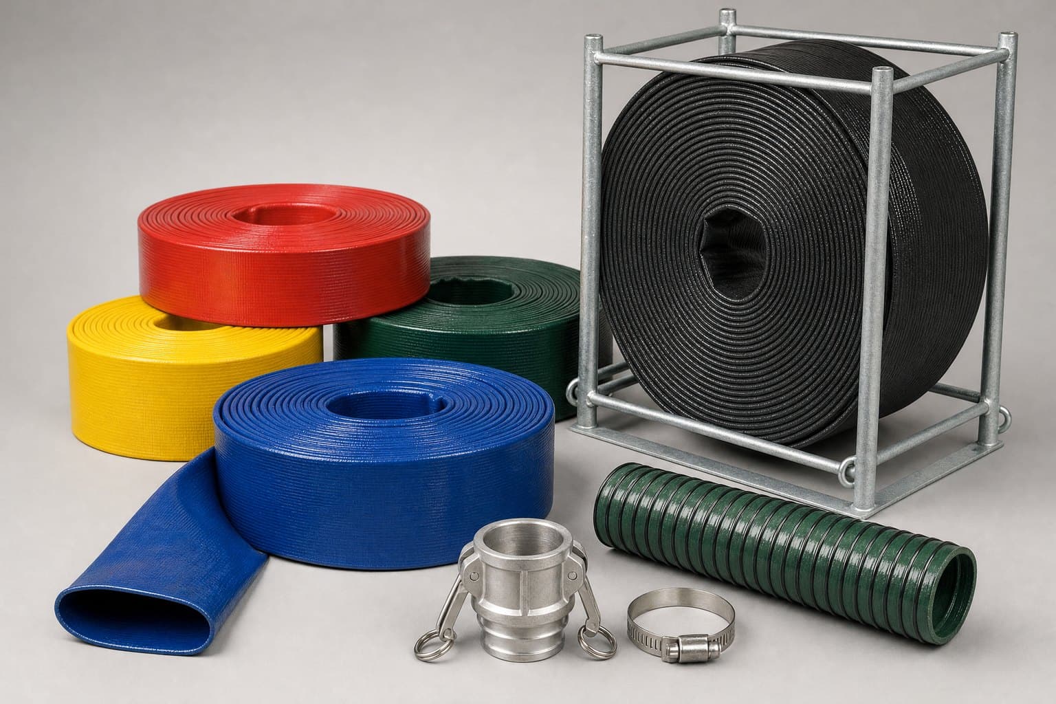 Lay flat hose coils in blue, red, yellow and green, a black roll in a steel frame, suction hose, camlock coupling and clamp