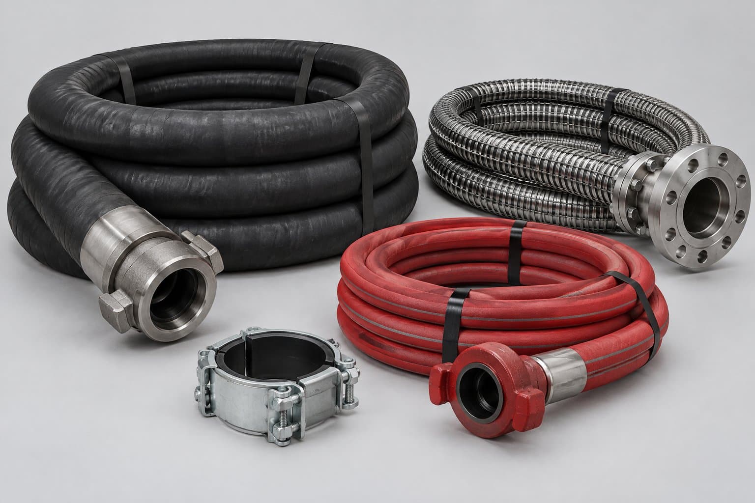A group of oilfield hoses — a coiled rotary drilling hose with a forged coupling, an armoured flexible line with a flange end and a red hose with a hammer union, a safety clamp in front
